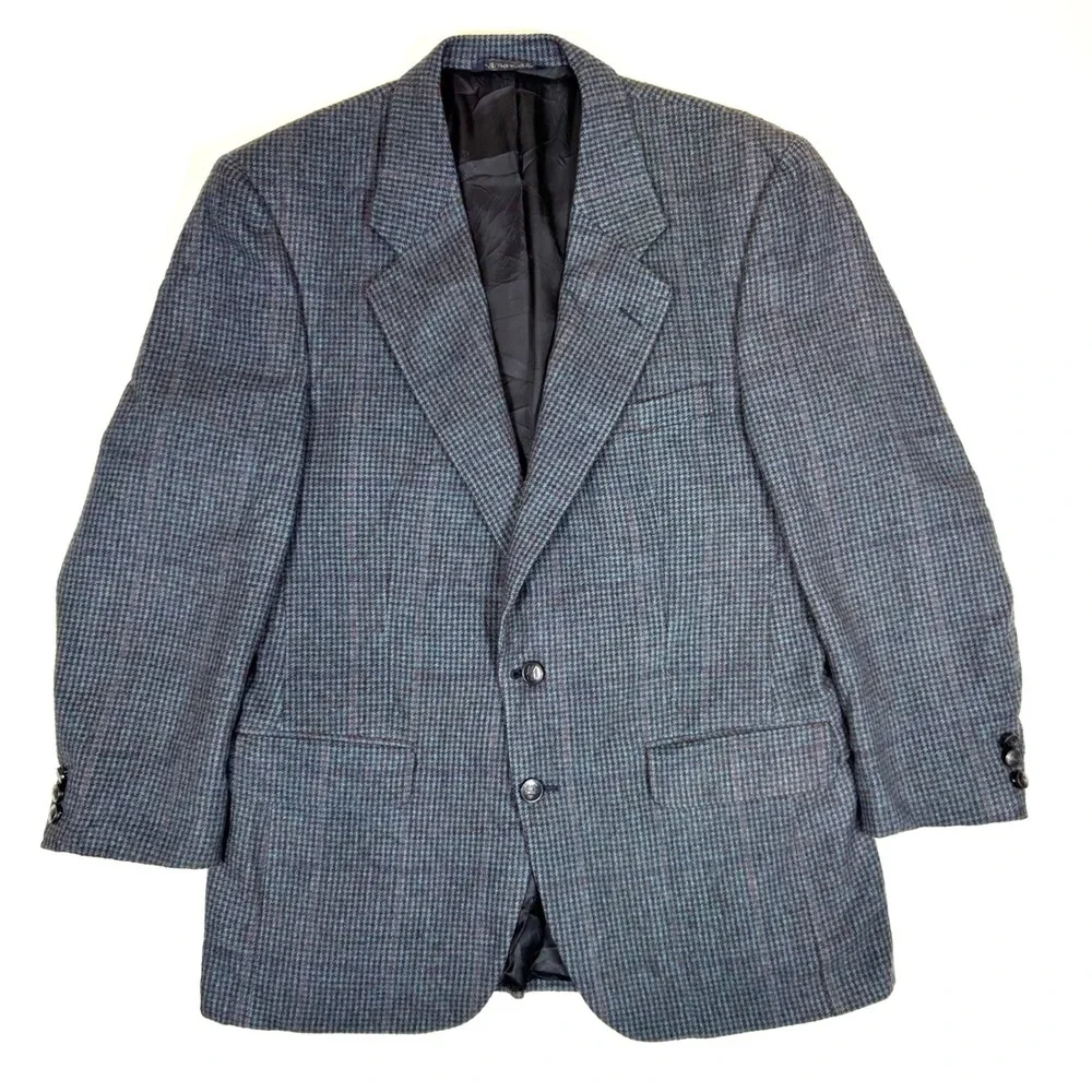 Burberrys Mens Camel Hair Houndstooth Blazer Sport Coat Blue Grey Vintage USA